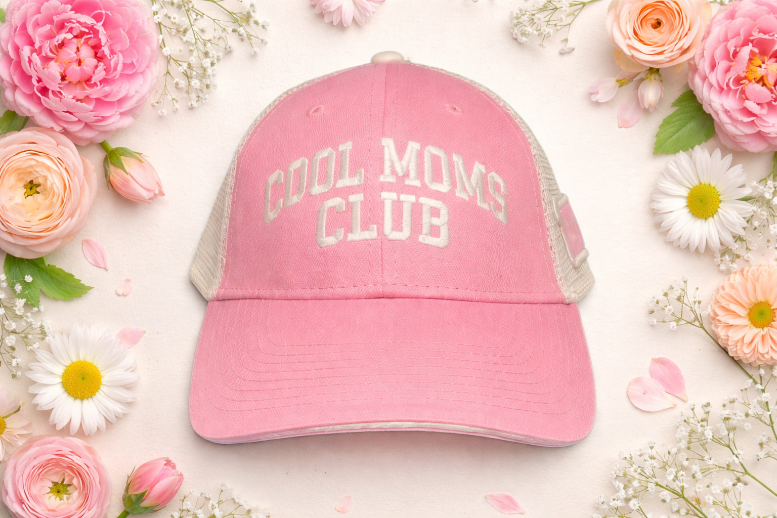 "Cool Moms Club Collegiate Text" - Custom Personalized Six Panel Mesh Back Trucker