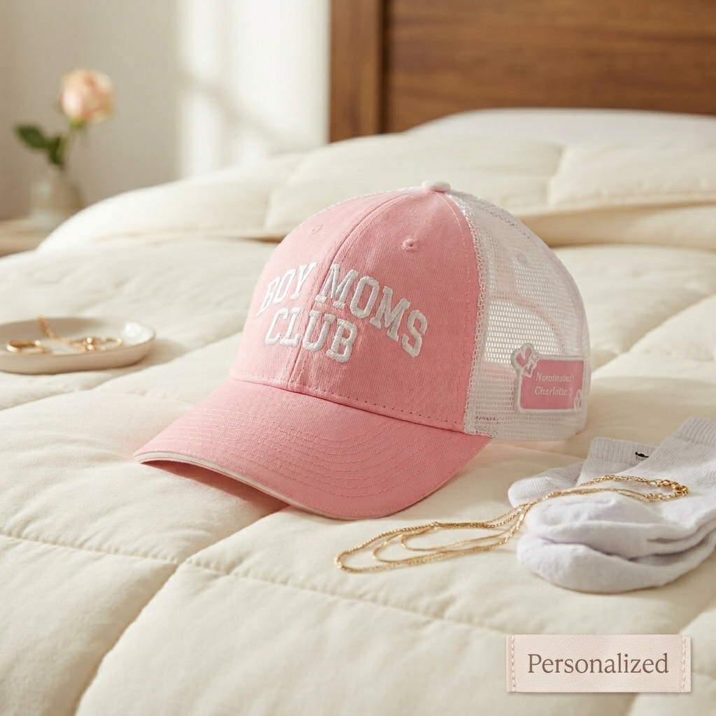 "Cool Moms Club Collegiate Text" - Custom Personalized Six Panel Mesh Back Trucker - Image 6